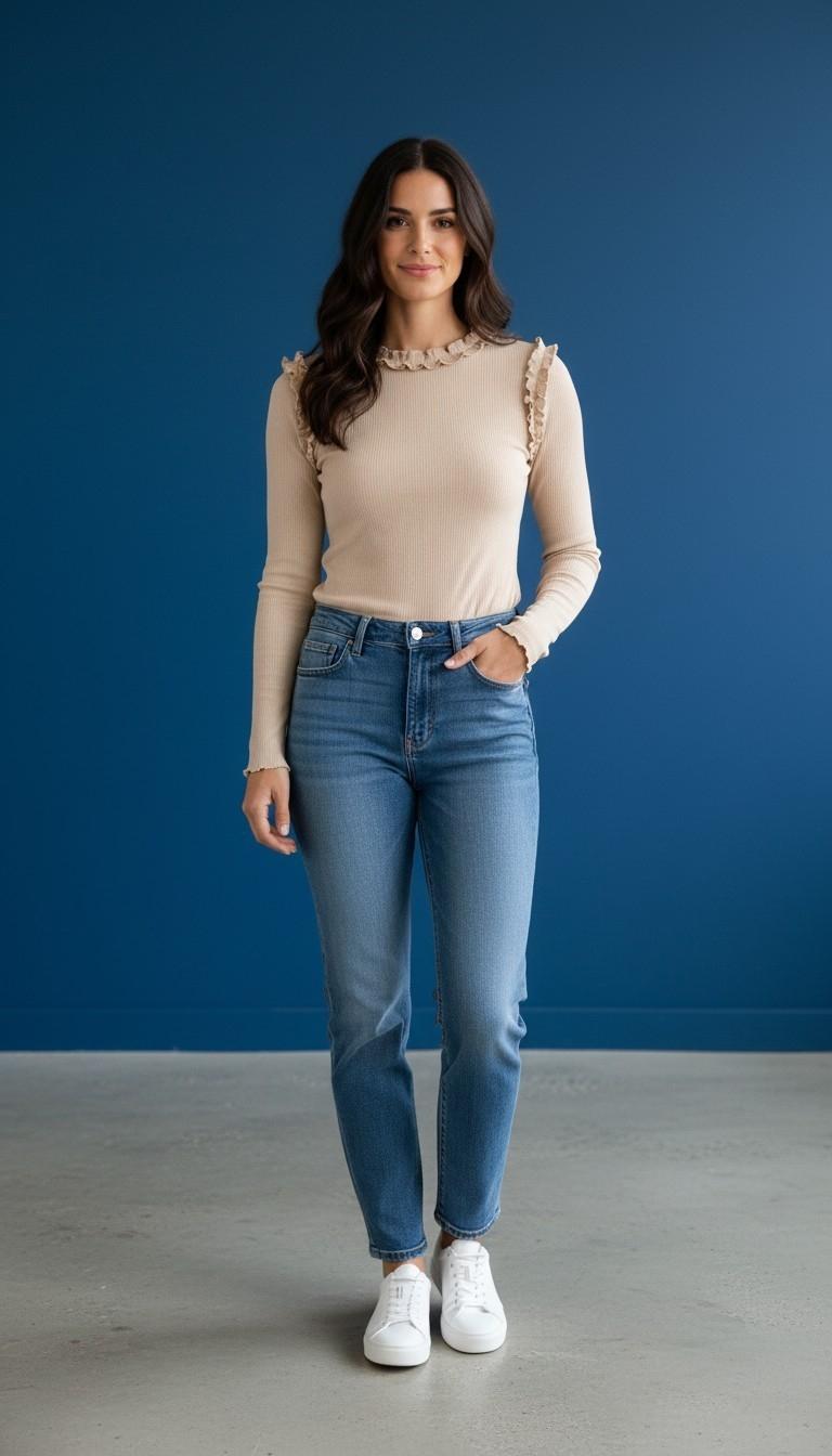 Long Sleeve Ruffled Trim Knit Top