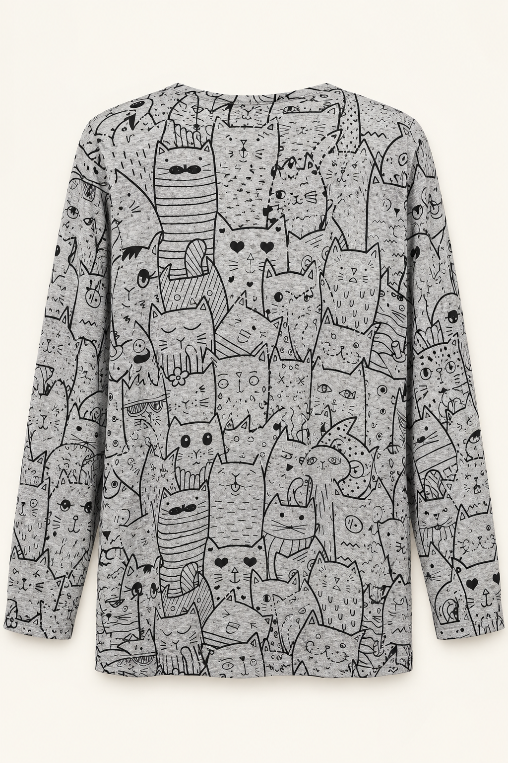 Studio-style back view of gray cat-print top