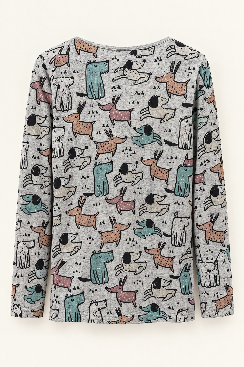Studio-style back view of gray dog-print top
