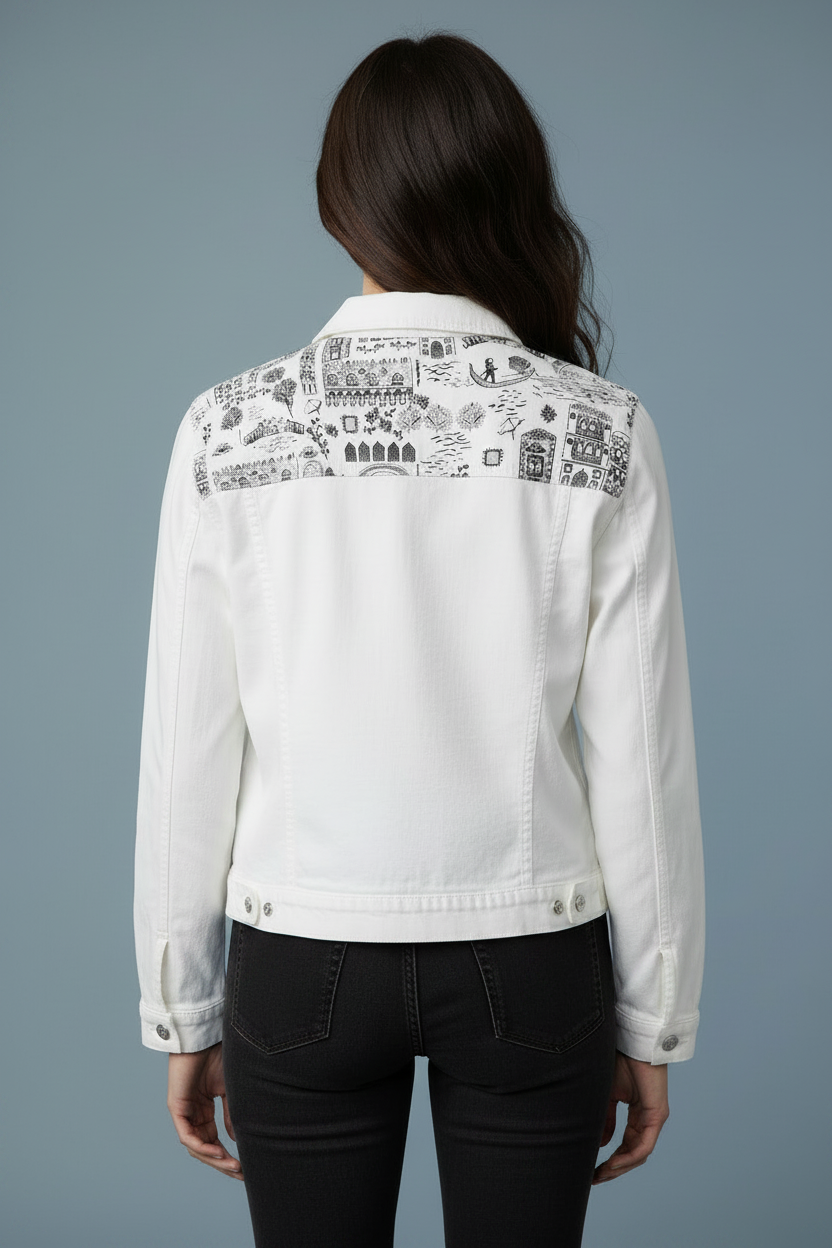 Venetian Print Jacket - Back, Black Pants