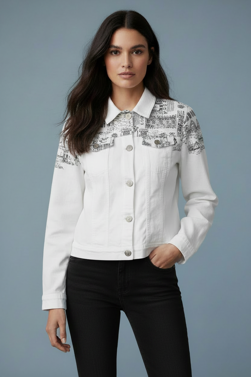 Venetian Print Jacket - Front, Black Pants